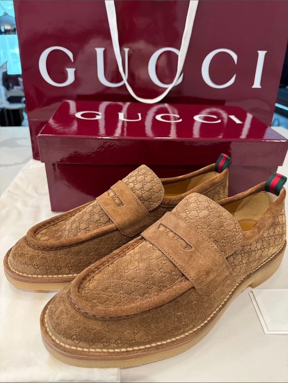 Gucci New Moreau Brown Suede Micro GG Monogram Penny Loafers EUR 10 US 11